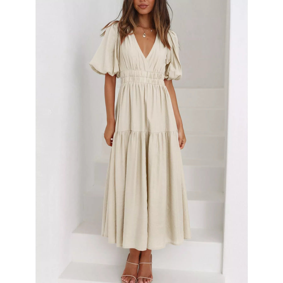 Elegant Puff Sleeve V-Neck Midi Dress Tan / S Apparel and Accessories