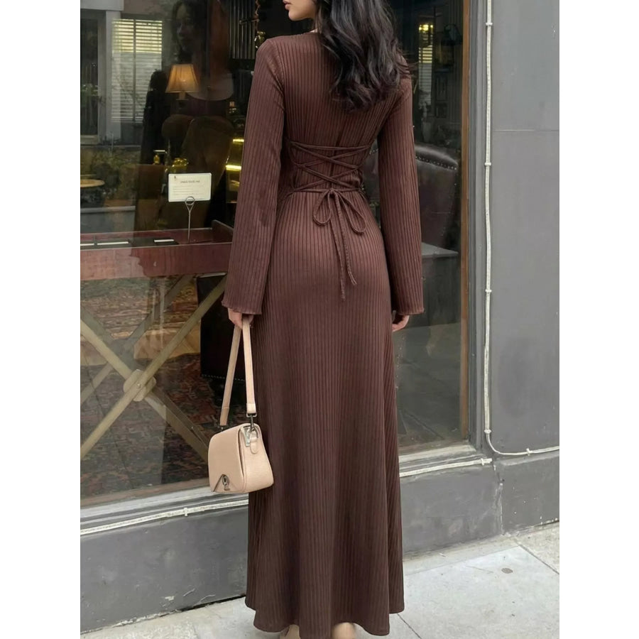 Elegant Ribbed Knit Long Sleeve Maxi Dress Coffee Brown / S Apparel and Accessories