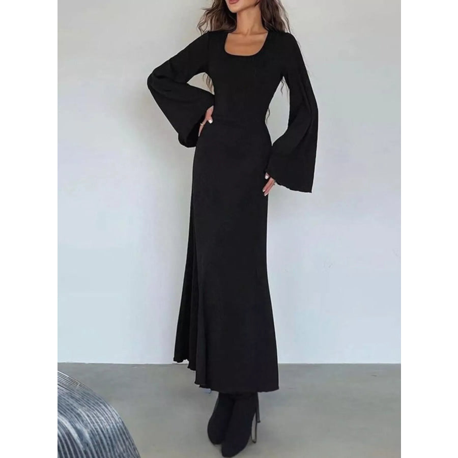 Elegant Ribbed Knit Long Sleeve Maxi Dress Black / S Apparel and Accessories