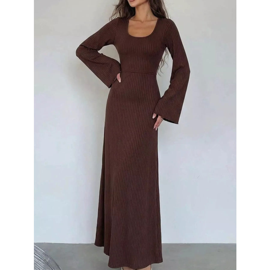 Elegant Ribbed Knit Long Sleeve Maxi Dress Coffee Brown / S Apparel and Accessories