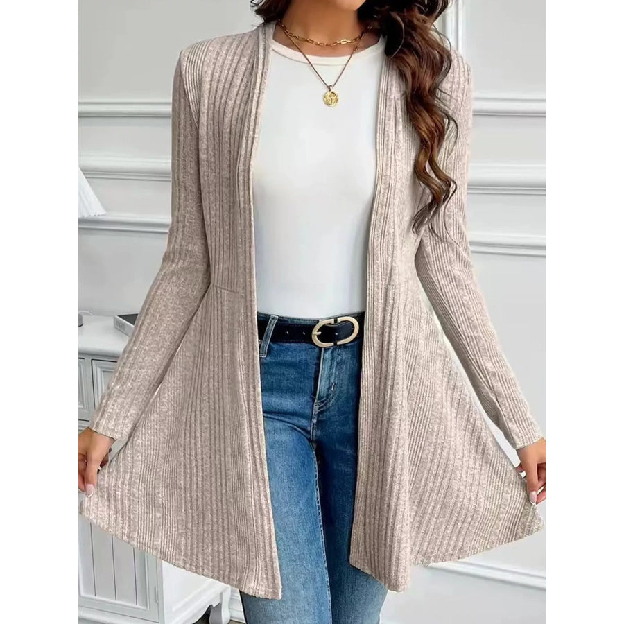 Elegant Ribbed Knit Open Front Cardigan Apricot / S Apparel and Accessories