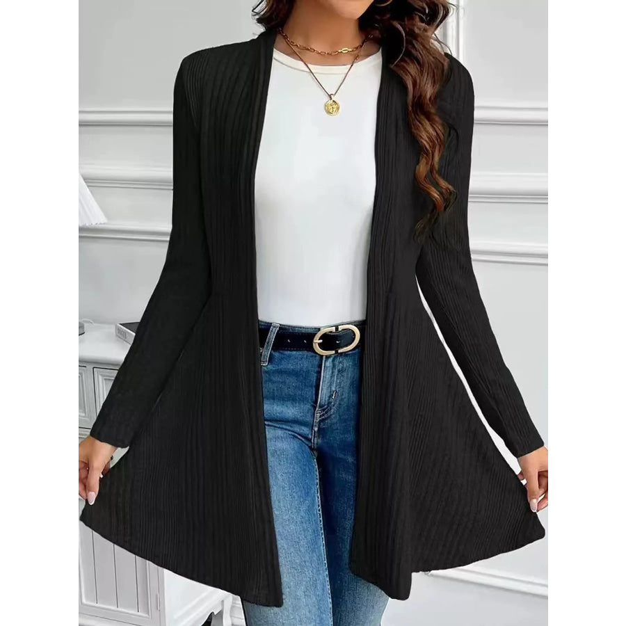 Elegant Ribbed Knit Open Front Cardigan Black / S Apparel and Accessories