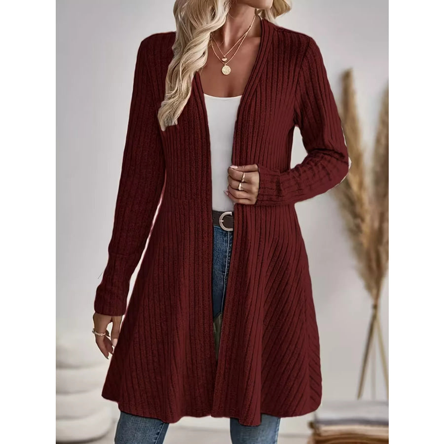 Elegant Ribbed Knit Open Front Cardigan Burgundy / S Apparel and Accessories