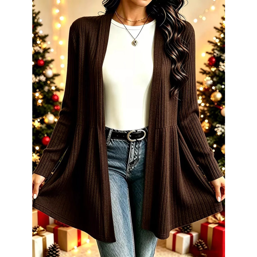 Elegant Ribbed Knit Open Front Cardigan Coffee / S Apparel and Accessories