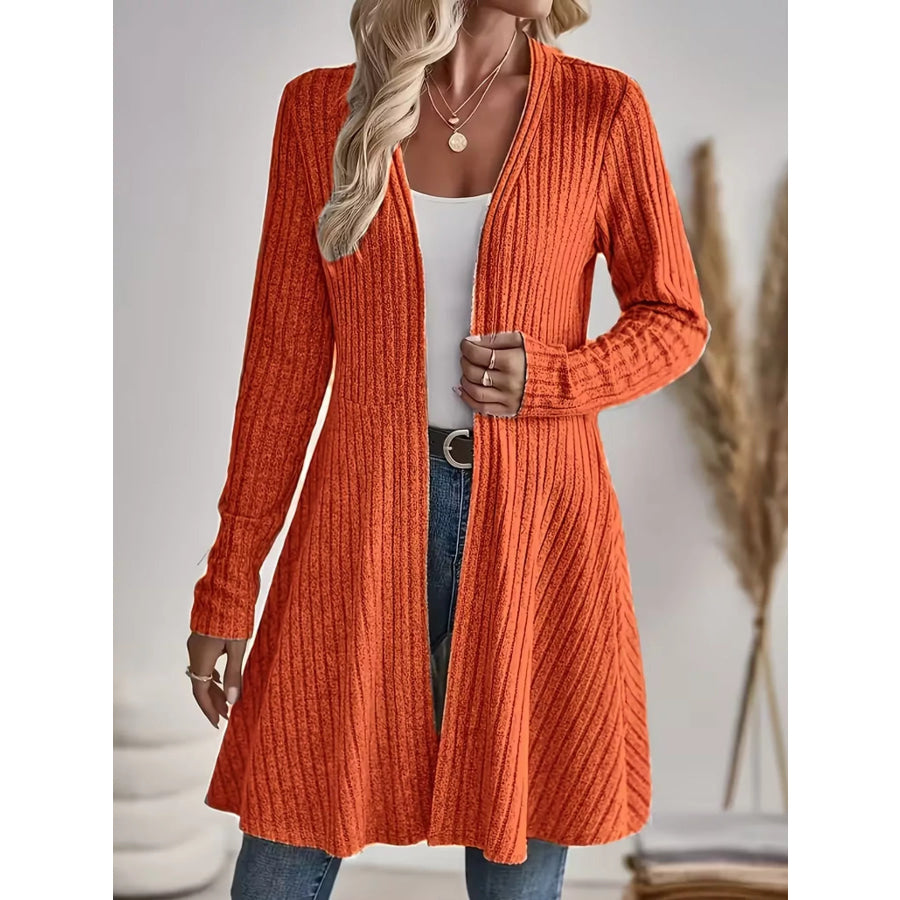 Elegant Ribbed Knit Open Front Cardigan Coral / S Apparel and Accessories