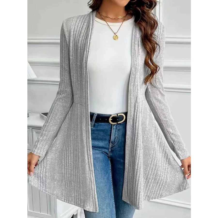 Elegant Ribbed Knit Open Front Cardigan Gray / S Apparel and Accessories