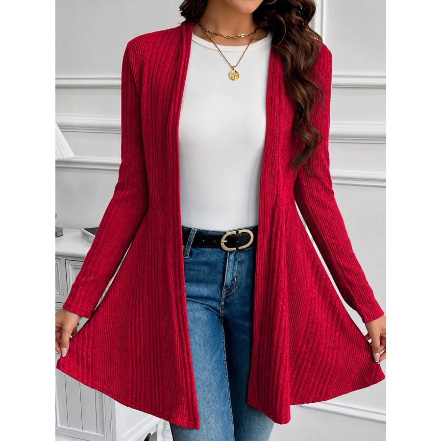 Elegant Ribbed Knit Open Front Cardigan Red / S Apparel and Accessories
