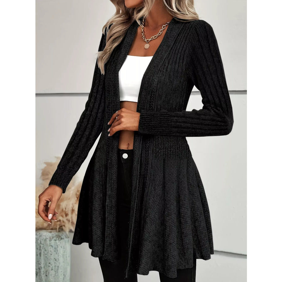 Elegant Ribbed Knit Open Front Flared Cardigan Black / S Apparel and Accessories