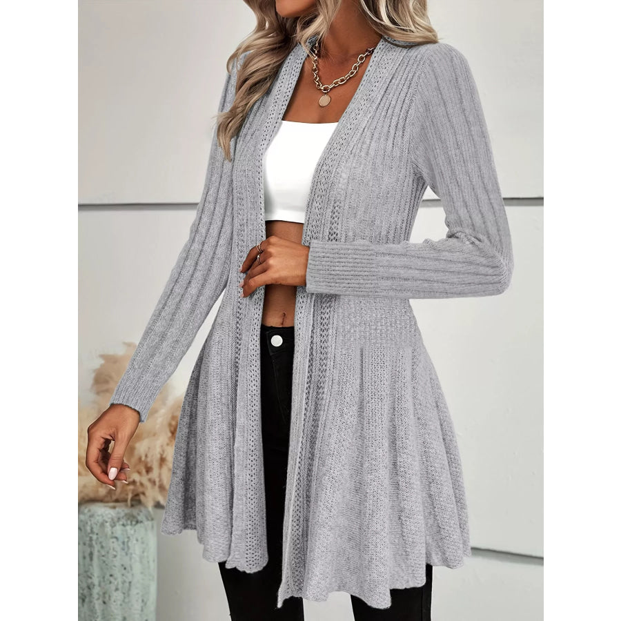 Elegant Ribbed Knit Open Front Flared Cardigan Light Gray / S Apparel and Accessories