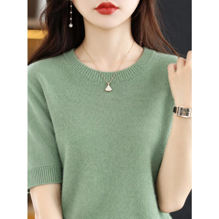 Elegant Round Neck Short-Sleeve Sweater Avocado Green / S Apparel and Accessories