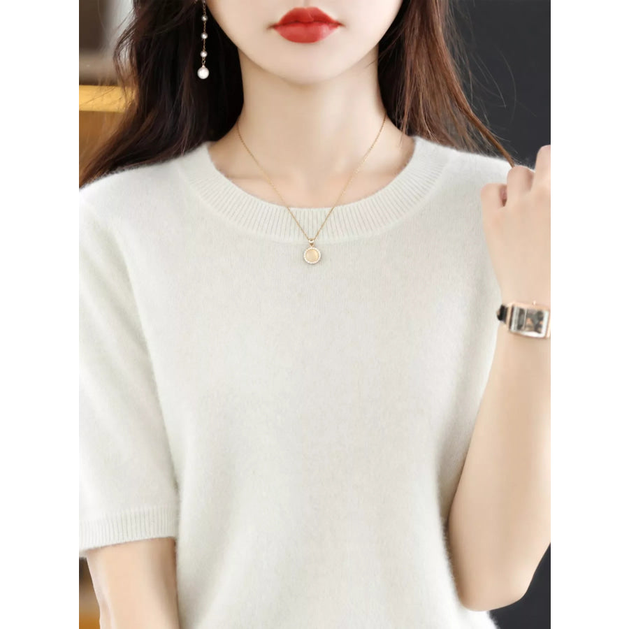 Elegant Round Neck Short-Sleeve Sweater Beige / S Apparel and Accessories