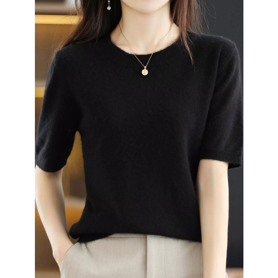 Elegant Round Neck Short-Sleeve Sweater Black / S Apparel and Accessories