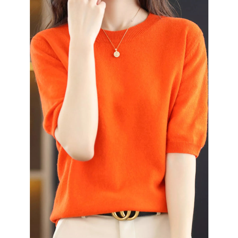 Elegant Round Neck Short-Sleeve Sweater Bright Orange / S Apparel and Accessories