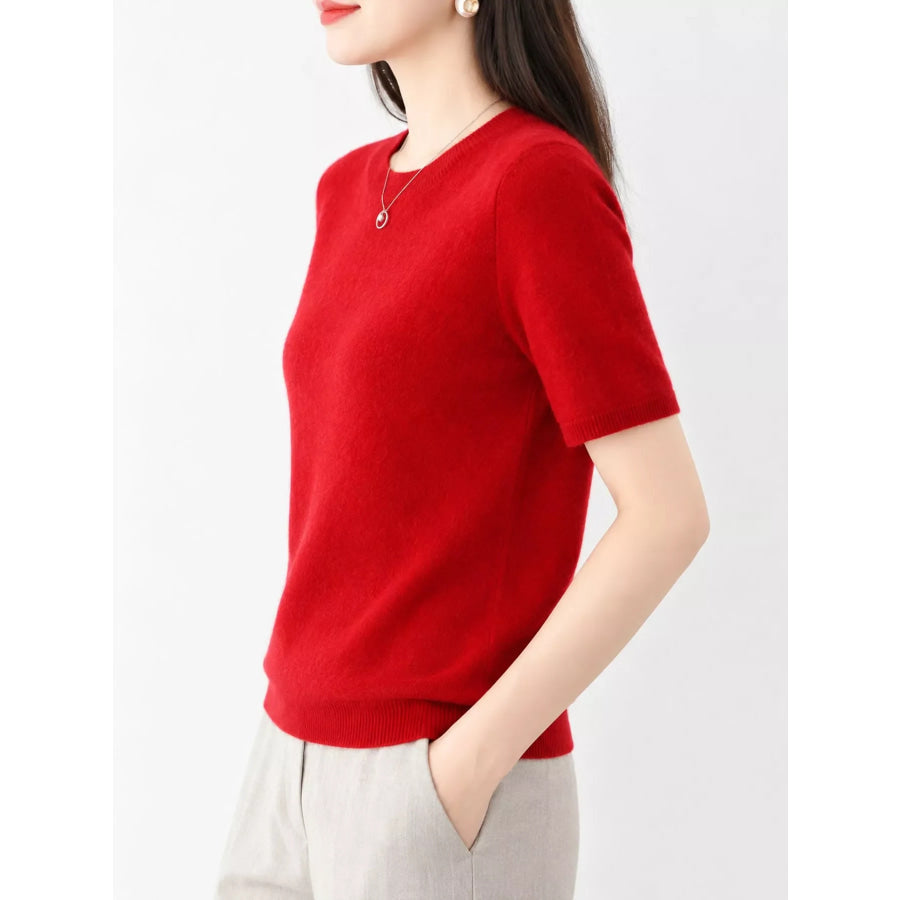 Elegant Round Neck Short-Sleeve Sweater Burgundy / S Apparel and Accessories