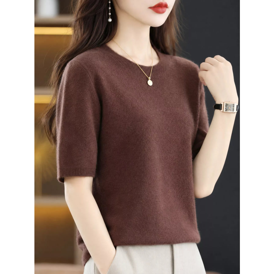 Elegant Round Neck Short-Sleeve Sweater Coffee / S Apparel and Accessories