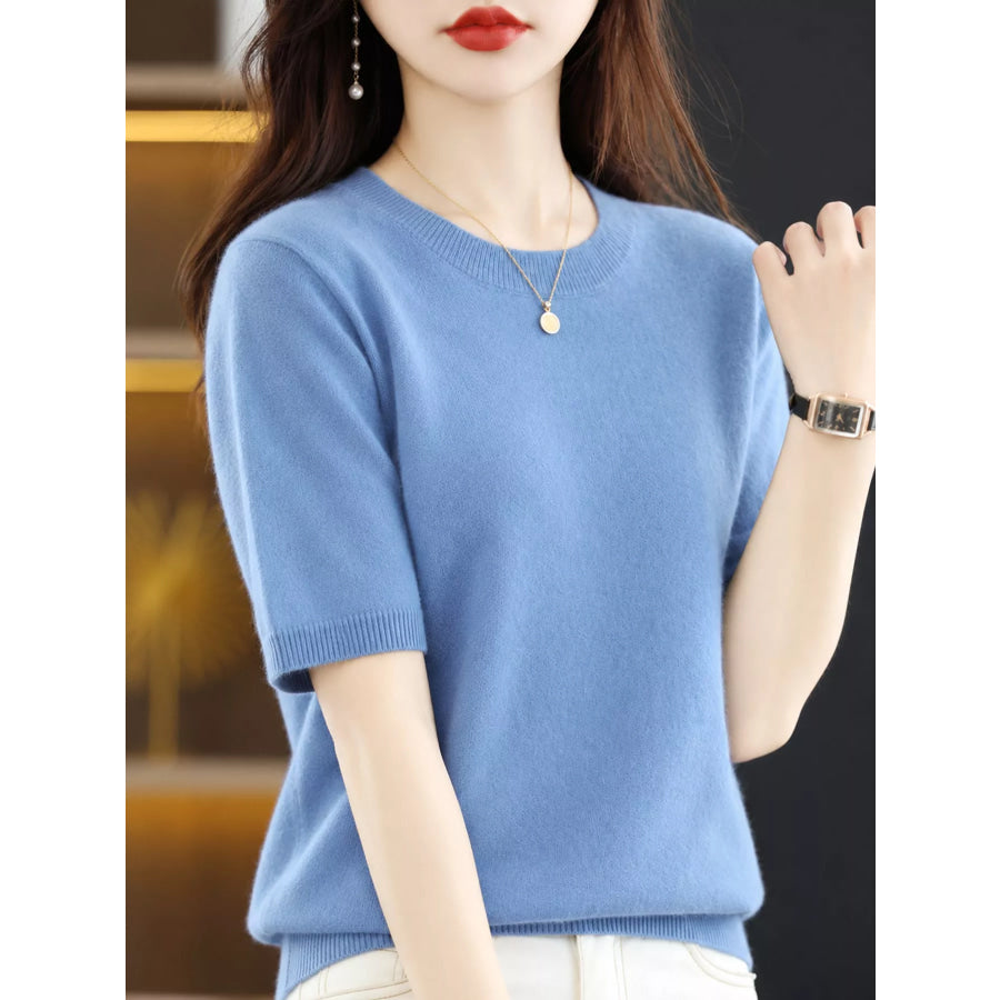 Elegant Round Neck Short-Sleeve Sweater Dusty Blue / S Apparel and Accessories