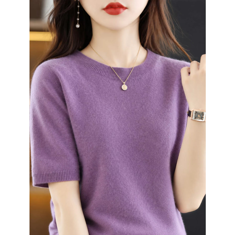 Elegant Round Neck Short-Sleeve Sweater Dusty Mauve / S Apparel and Accessories
