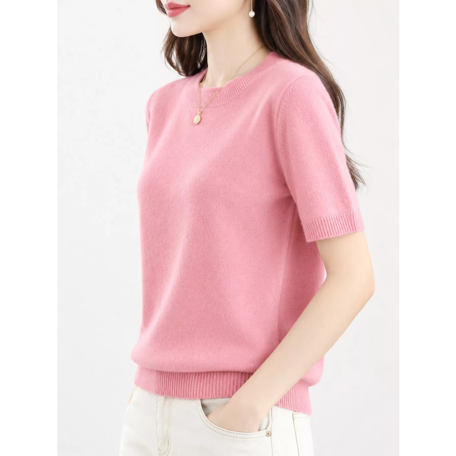 Elegant Round Neck Short-Sleeve Sweater Dusty Pink / S Apparel and Accessories