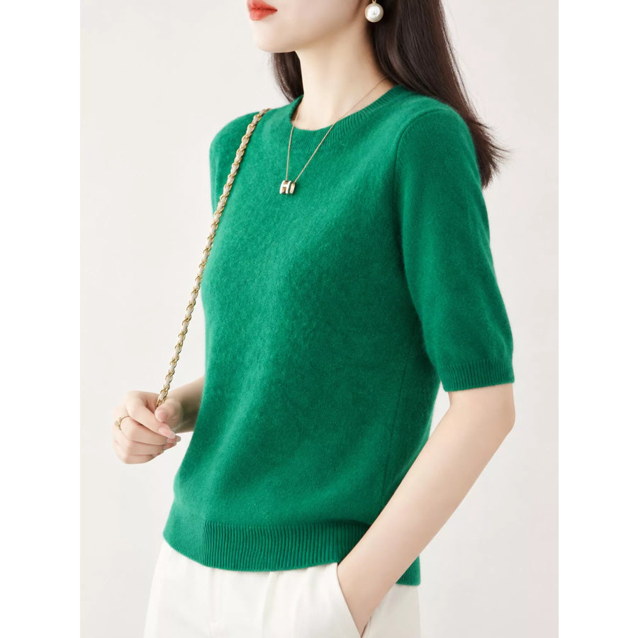 Elegant Round Neck Short-Sleeve Sweater Emerald Green / 2XL Apparel and Accessories