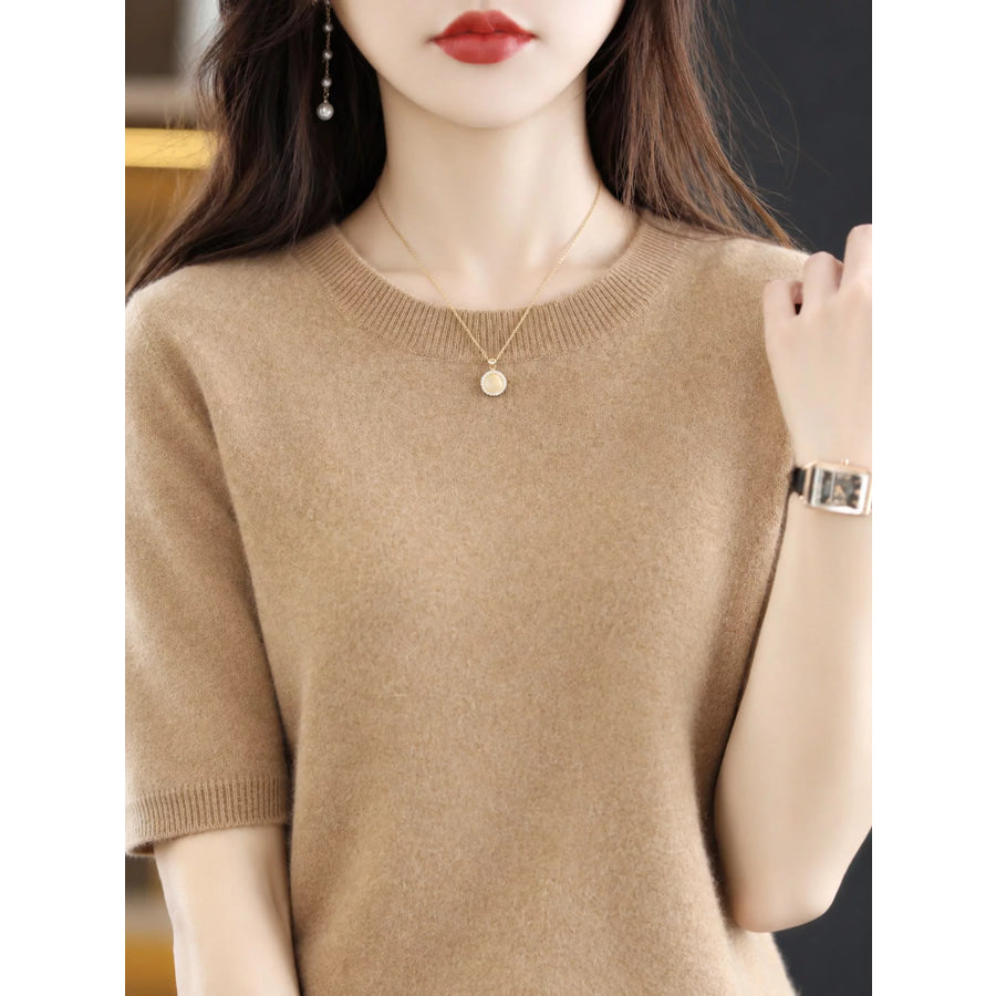 Elegant Round Neck Short-Sleeve Sweater Golden Camel / S Apparel and Accessories