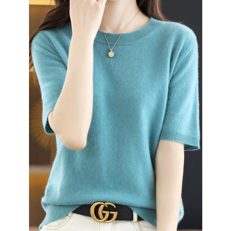 Elegant Round Neck Short-Sleeve Sweater Lake Green / S Apparel and Accessories