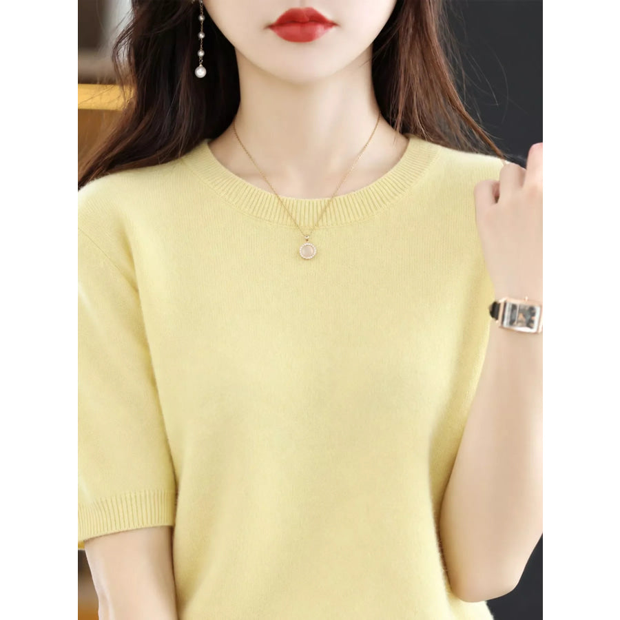 Elegant Round Neck Short-Sleeve Sweater Light Yellow / S Apparel and Accessories