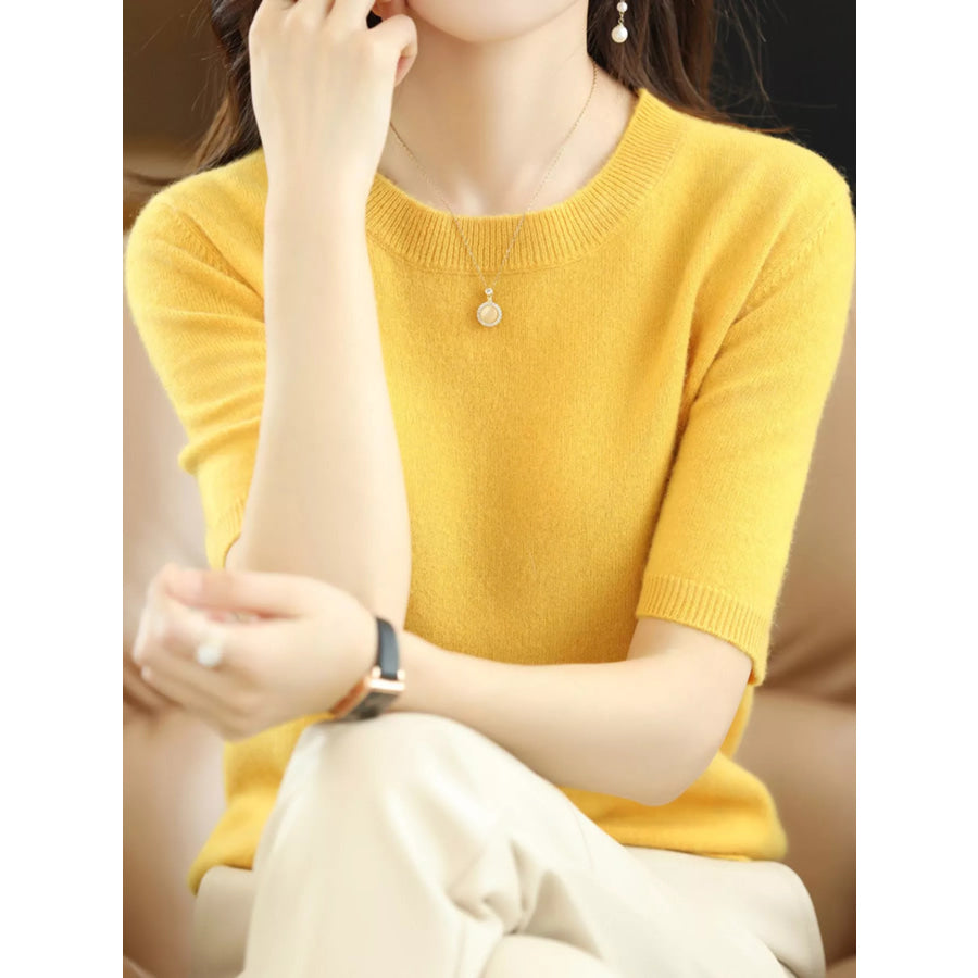 Elegant Round Neck Short-Sleeve Sweater Mustard Yellow / S Apparel and Accessories