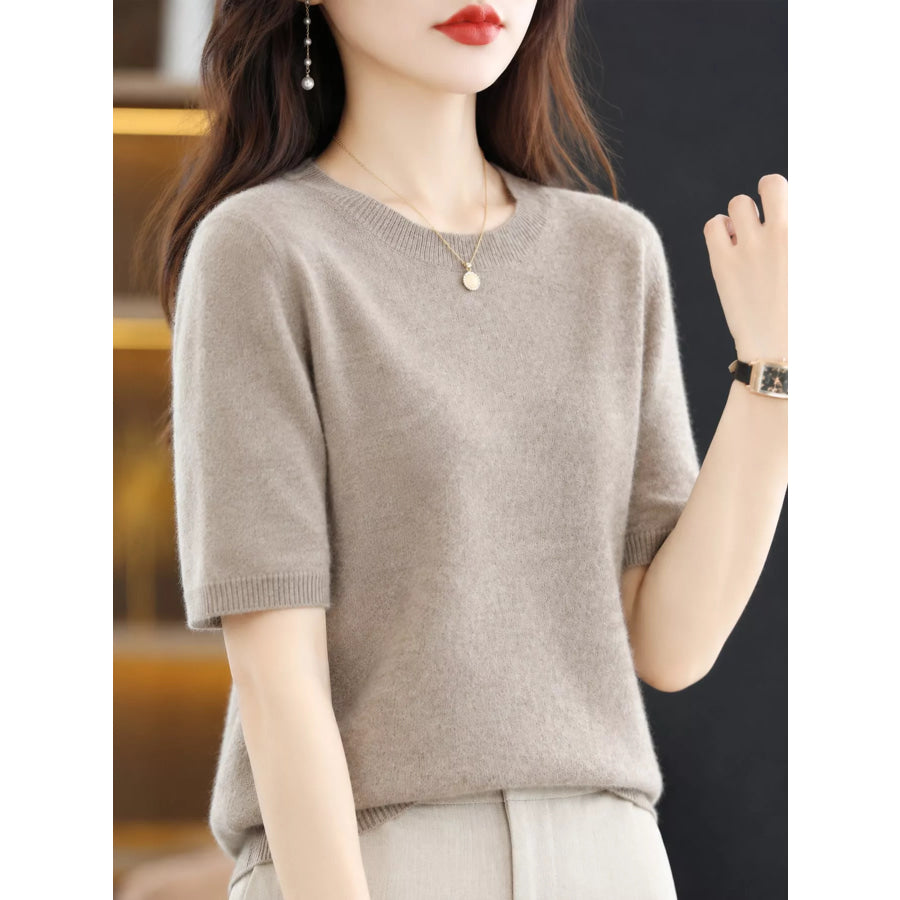 Elegant Round Neck Short-Sleeve Sweater Natural Camel / L Apparel and Accessories