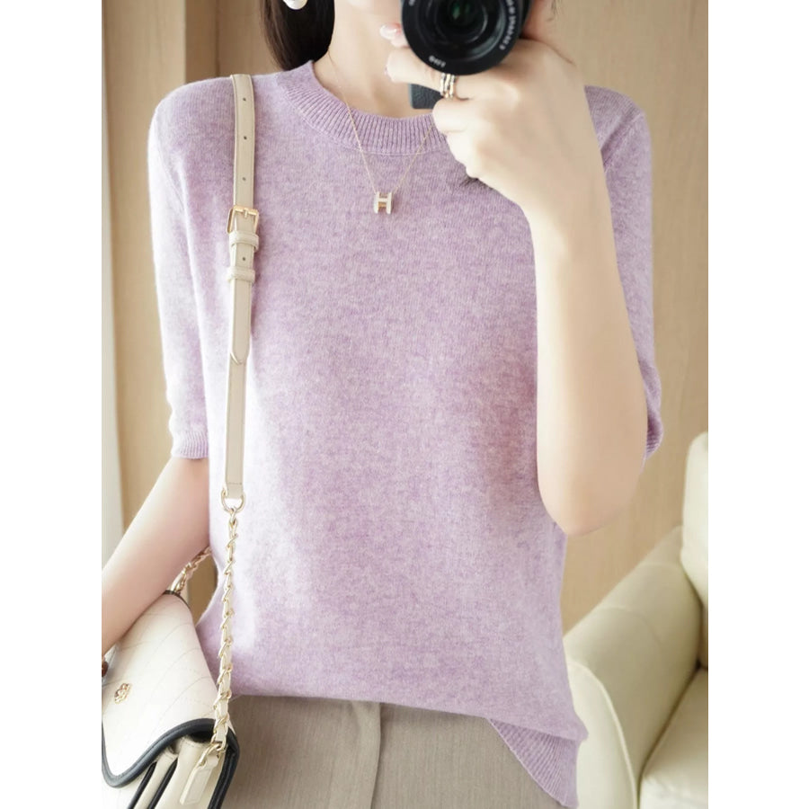 Elegant Round Neck Short-Sleeve Sweater Pink Lavender / S Apparel and Accessories