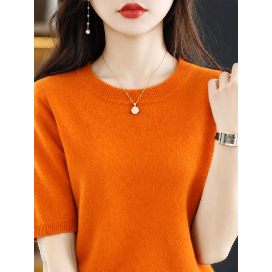Elegant Round Neck Short-Sleeve Sweater Pumpkin Orange / S Apparel and Accessories