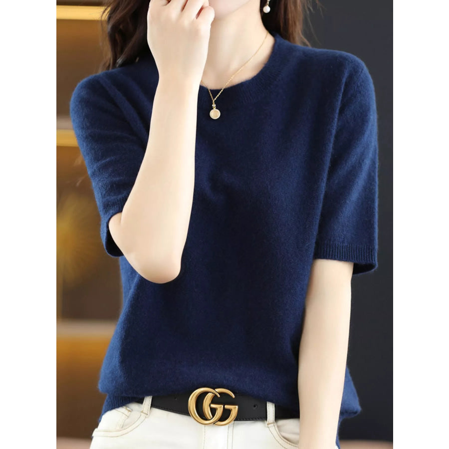 Elegant Round Neck Short-Sleeve Sweater Seaweed Blue / S Apparel and Accessories
