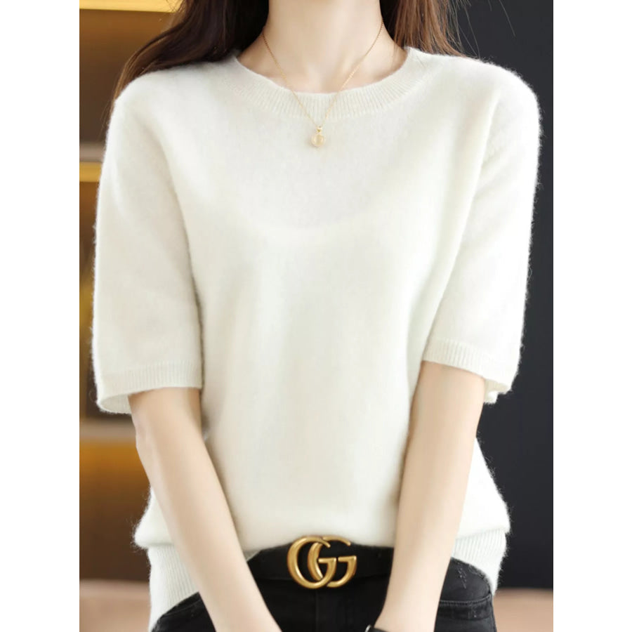 Elegant Round Neck Short-Sleeve Sweater White / S Apparel and Accessories