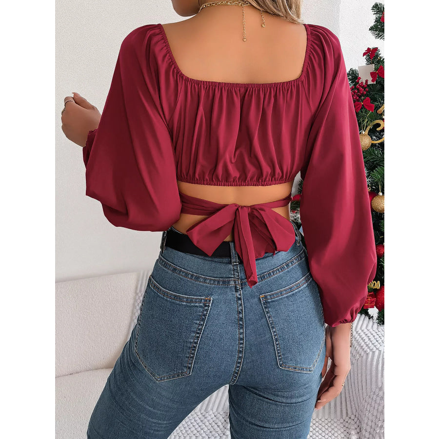 Elegant Ruched Long Sleeve Crop Blouse Apparel and Accessories