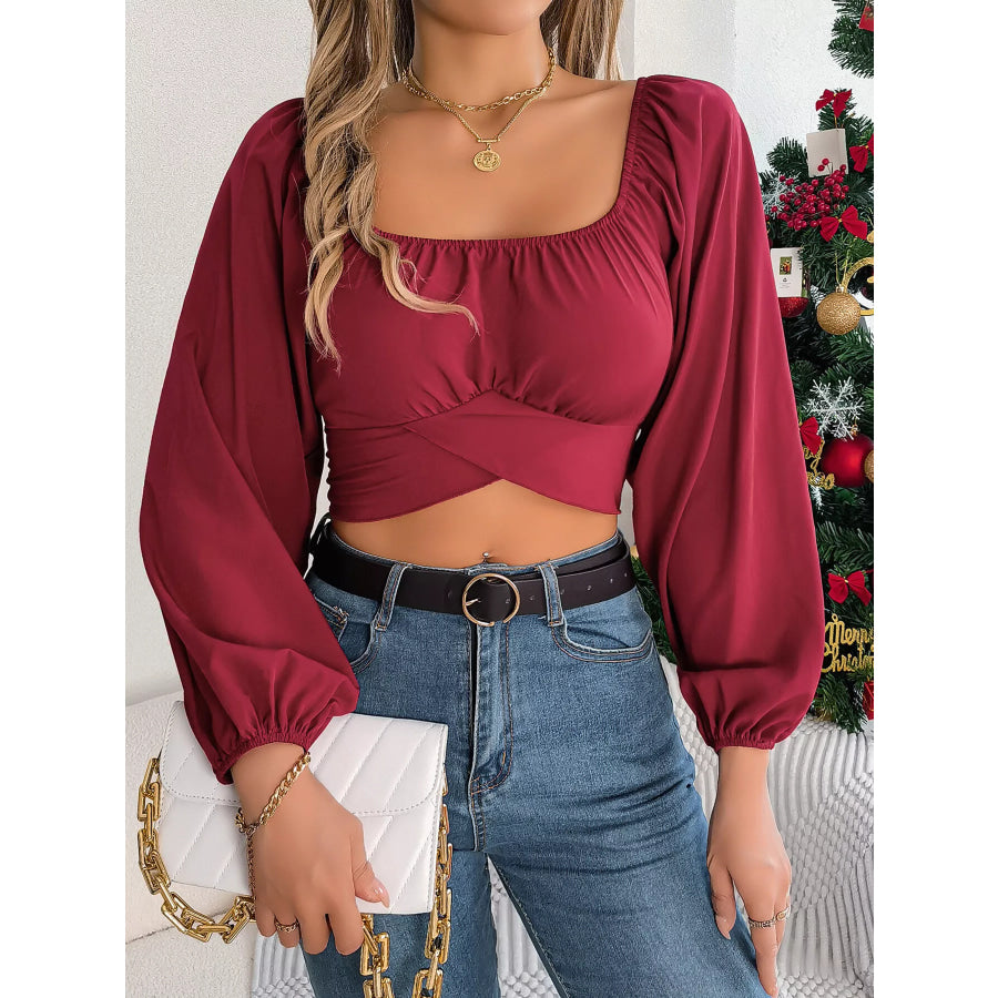 Elegant Ruched Long Sleeve Crop Blouse Apparel and Accessories