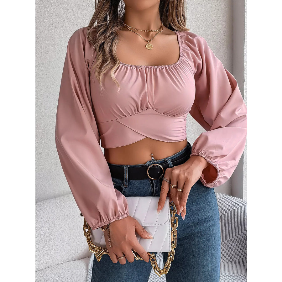 Elegant Ruched Long Sleeve Crop Blouse Apparel and Accessories