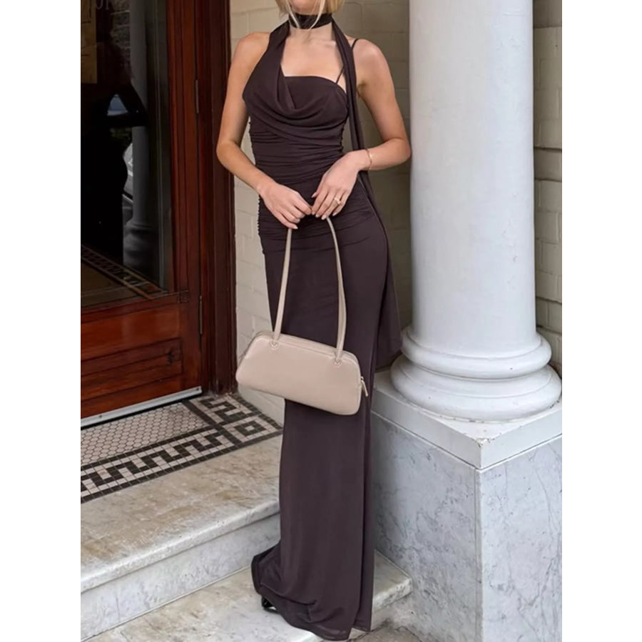 Elegant Ruched Maxi Dress with Scarf Apparel and Accessories