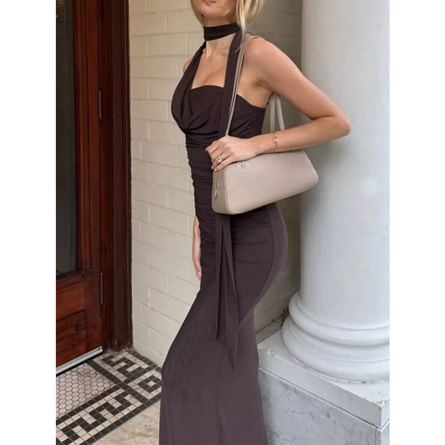 Elegant Ruched Maxi Dress with Scarf Apparel and Accessories