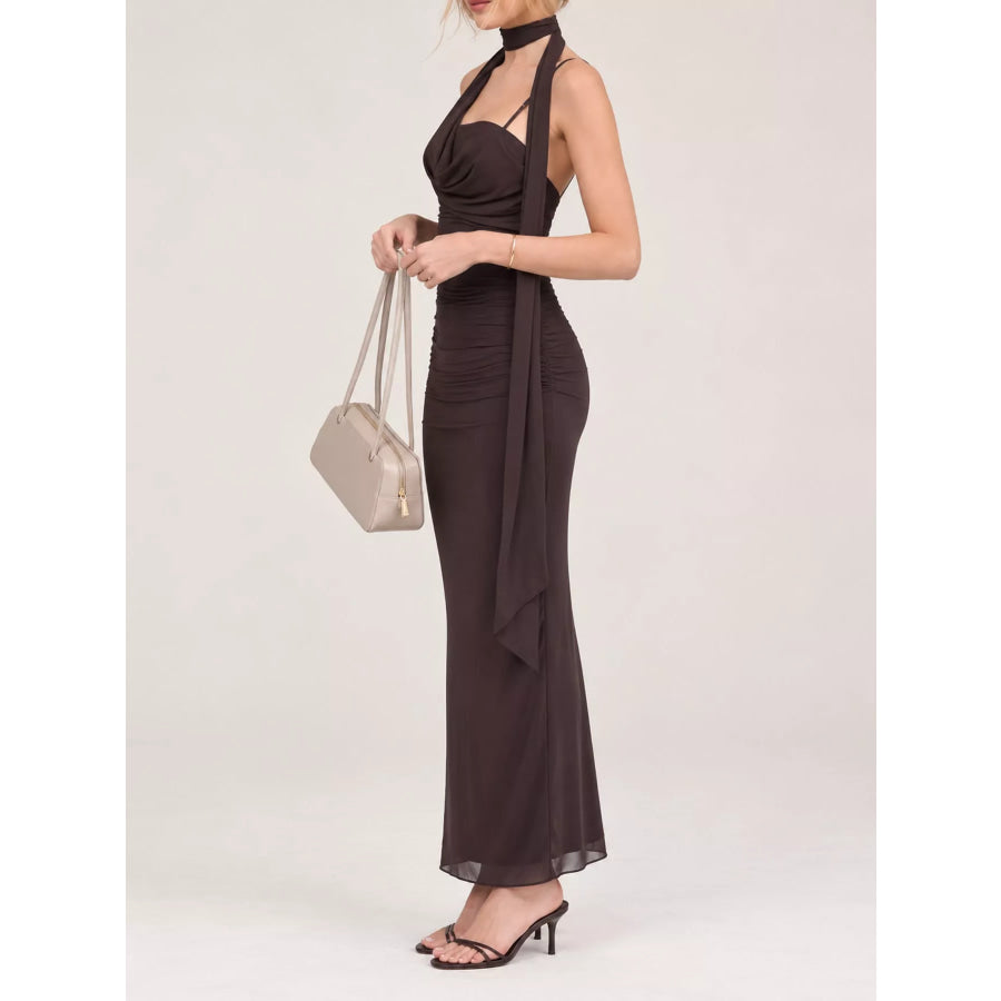 Elegant Ruched Maxi Dress with Scarf Apparel and Accessories