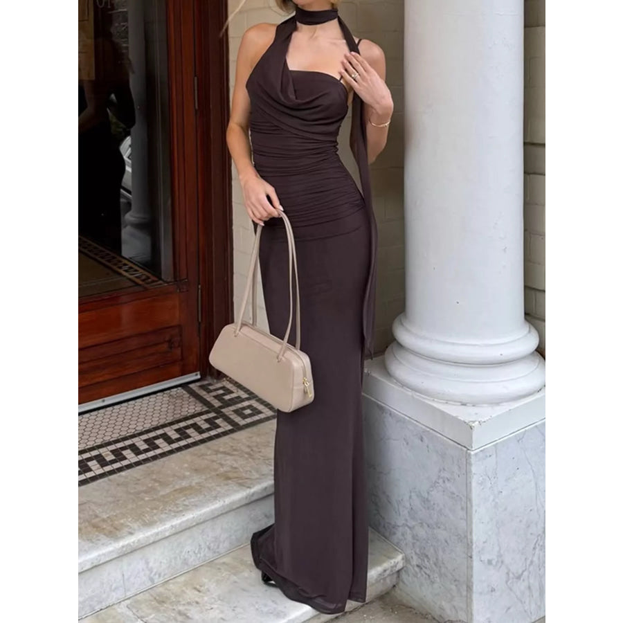 Elegant Ruched Maxi Dress with Scarf Apparel and Accessories