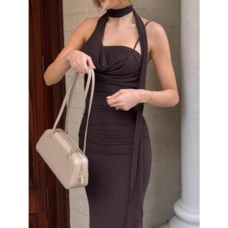Elegant Ruched Maxi Dress with Scarf Apparel and Accessories