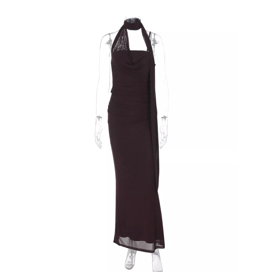 Elegant Ruched Maxi Dress with Scarf Apparel and Accessories