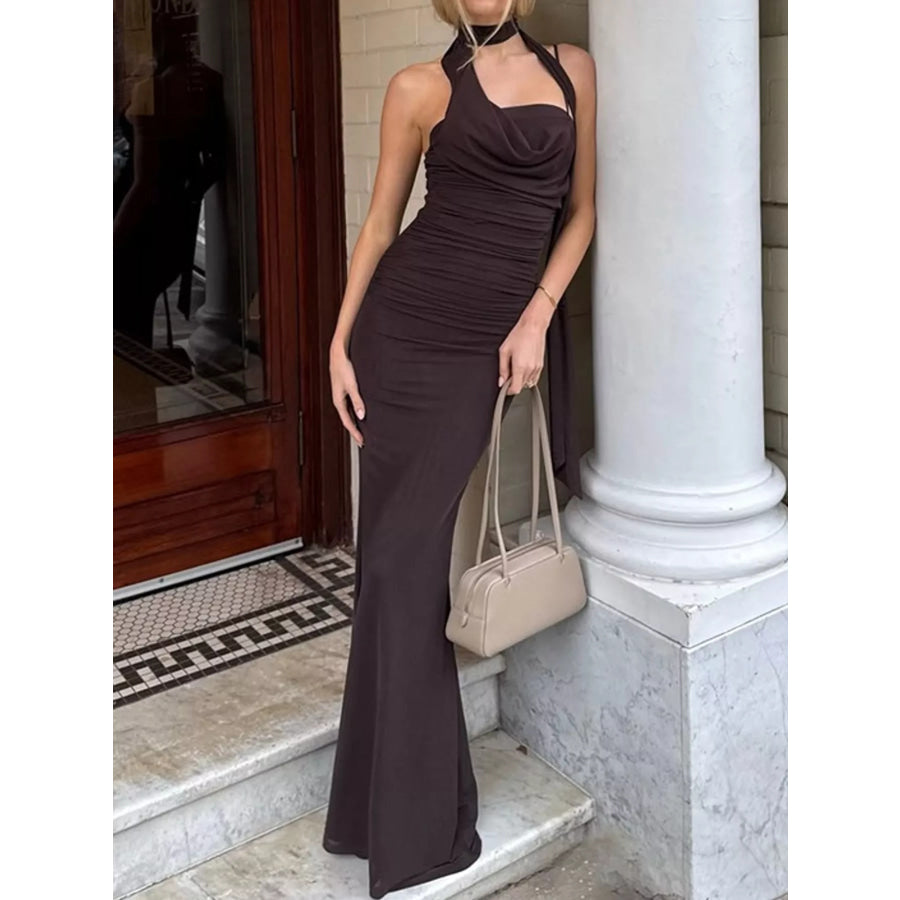 Elegant Ruched Maxi Dress with Scarf Brown / S Apparel and Accessories