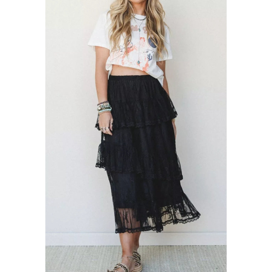 Elegant Ruffle Lace Tiered Skirt Black / S Apparel and Accessories