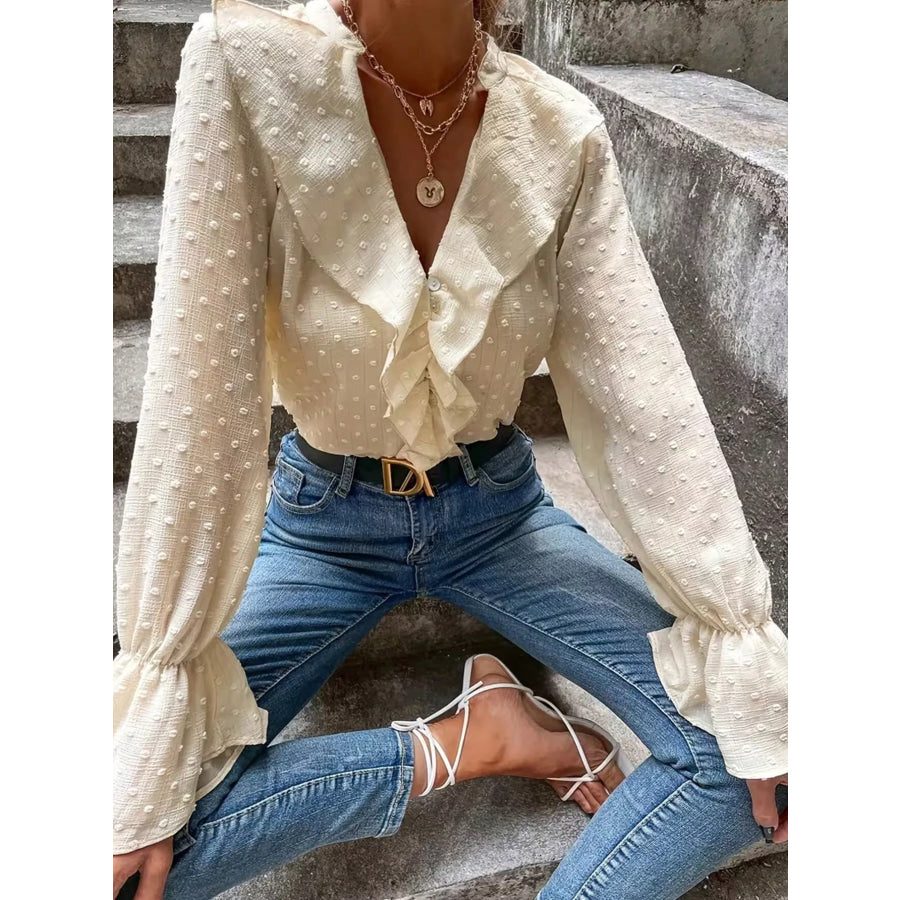 Elegant Ruffled Swiss Dot Blouse Apparel and Accessories