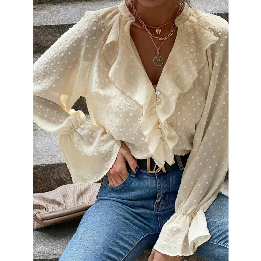 Elegant Ruffled Swiss Dot Blouse Apparel and Accessories