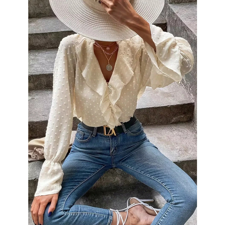 Elegant Ruffled Swiss Dot Blouse Beige / S Apparel and Accessories