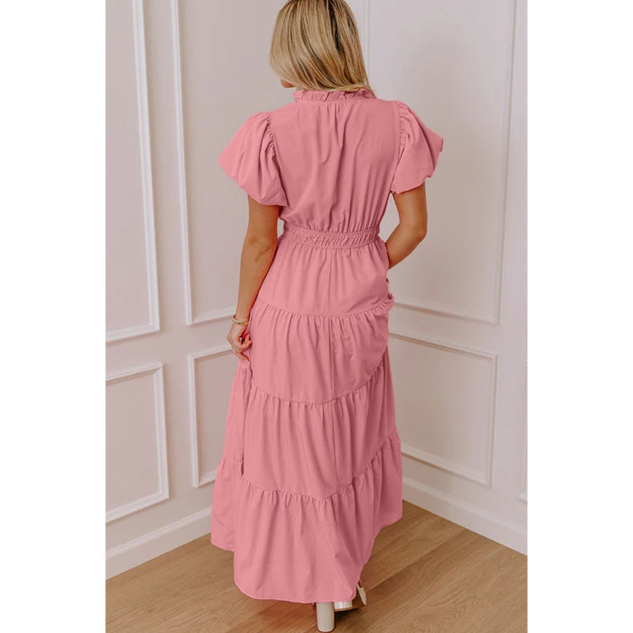 Elegant Ruffled Tiered Puff Sleeve Maxi Dress Dusty Pink / S Apparel and Accessories