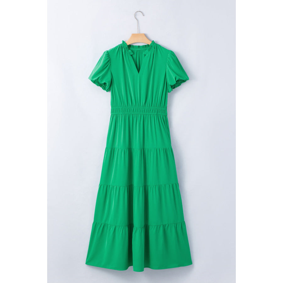 Elegant Ruffled Tiered Puff Sleeve Maxi Dress Apparel and Accessories