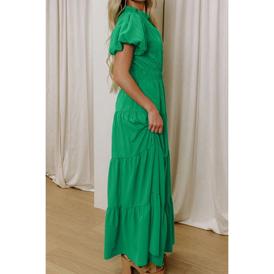 Elegant Ruffled Tiered Puff Sleeve Maxi Dress Apparel and Accessories