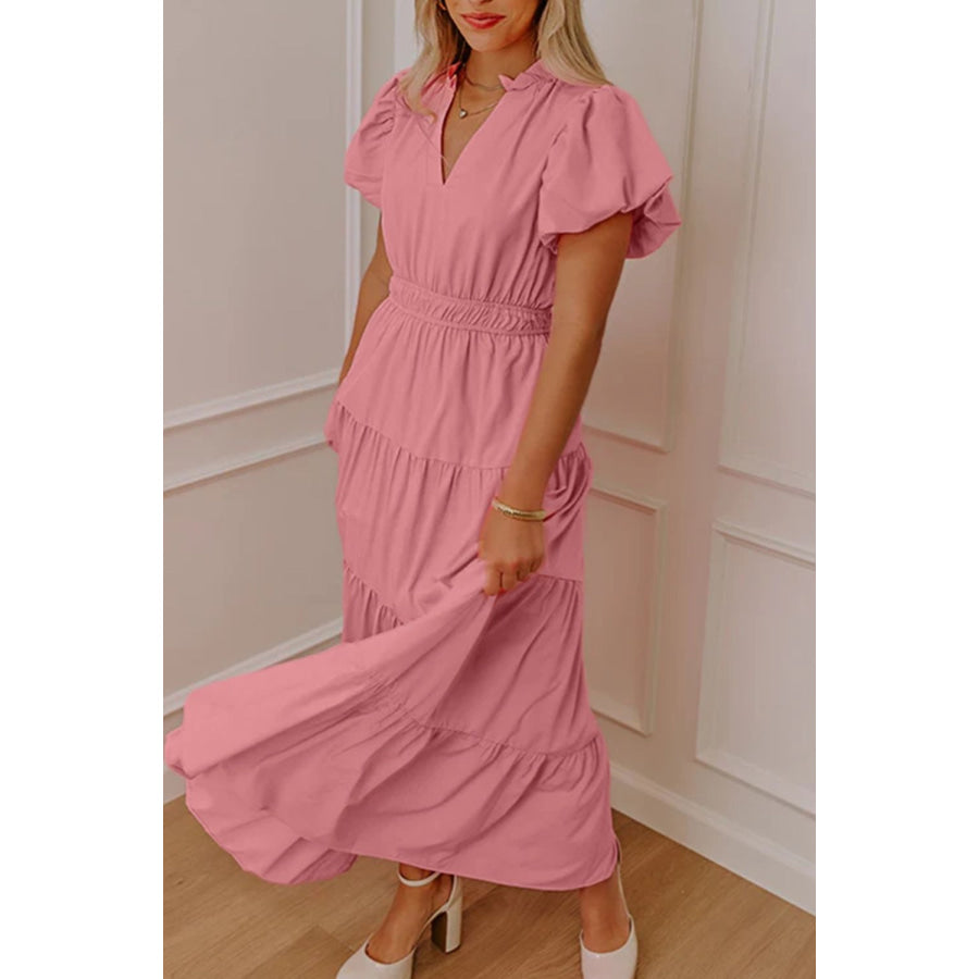 Elegant Ruffled Tiered Puff Sleeve Maxi Dress Apparel and Accessories